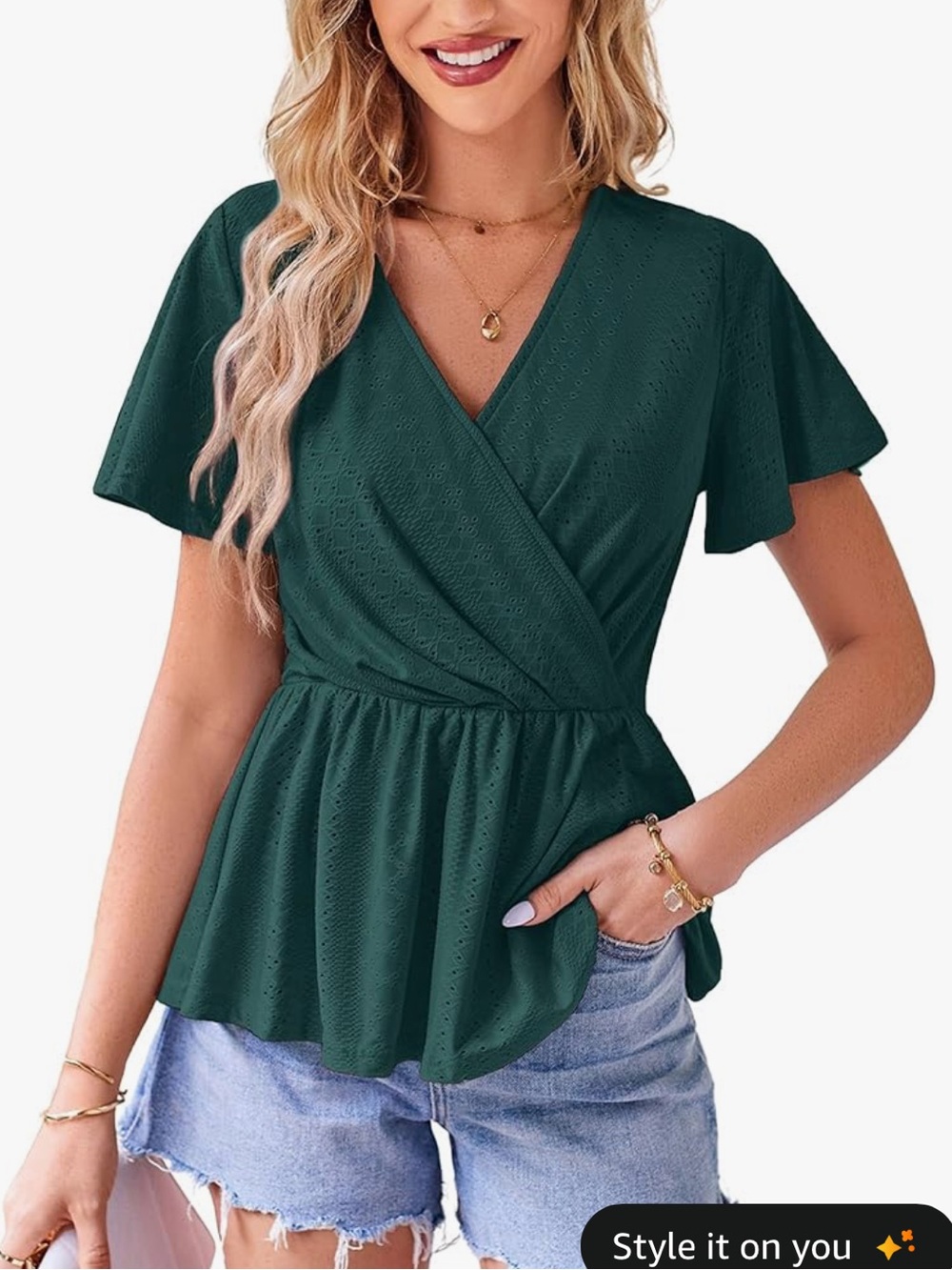 Women's Blue Green V-Neck Wrap Peplum Top